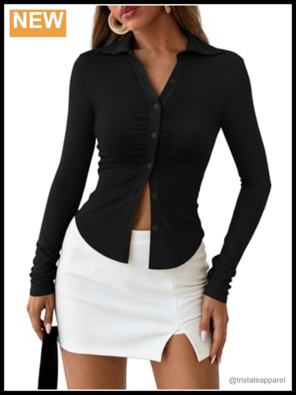 Women's V Neck Collared Button Down Shirt Ruched Slim Fit Long Sleeve Knit